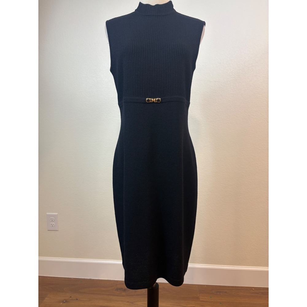Vintage St. John Knit Dress S Black Santana Mock Neck Ribbed Quiet Luxury chic - Picture 2 of 10